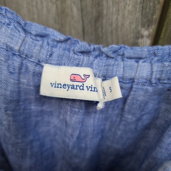 Vineyard Vines size S Linen Mini Tunic Dress Cold strap Shoulder Chambray Shift - Picture 3 of 7